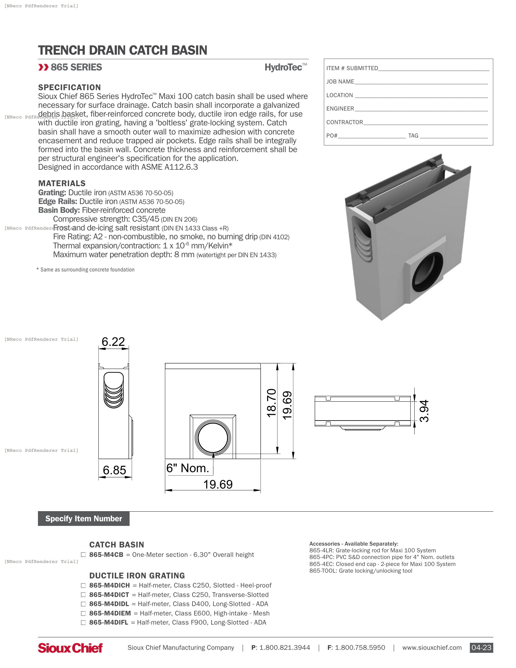 865 SERIES - HYDROTEC MAXI 100 CATCH BASIN - SPEC SHEET.PDF Specification Document
